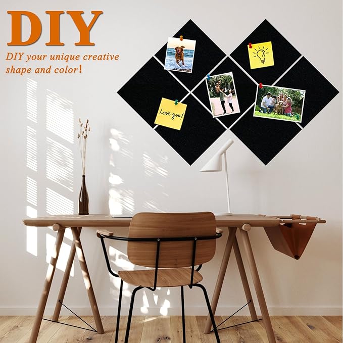 Square Felt Cork Bulletin Board Tiles, Self Adhesive DIY Felt Pin Board for Wall 30" x 20" with 35 Pushpins for Office School Home Wall Decor Stickers Memos Photos Display (Black)