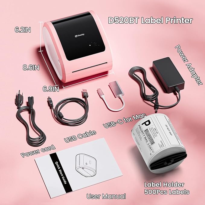 Bluetooth Shipping Label Printer with 1 Roll Labels - D520BT Pink Thermal Label Printer, Thermal Printers with Built-in Label Holder, Come with 500PCS 4x6‬ White Labels (500 Labels/Roll)