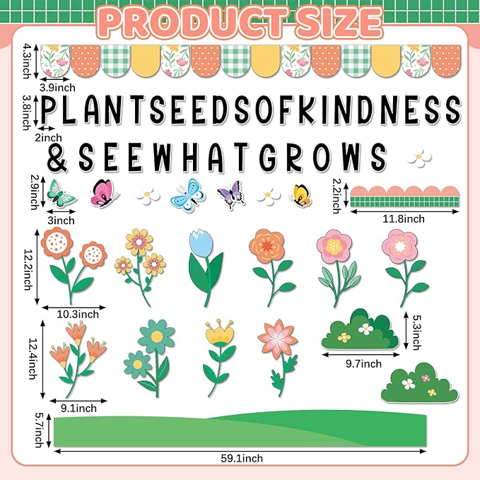 Spring Kindness Bulletin Board Set Plant Kindness Classroom Decoration Colorful Flowers Butterflies Paper Cutouts for Back to School Home Nursery Chalkboard Wall Decor Springs Party Supplies