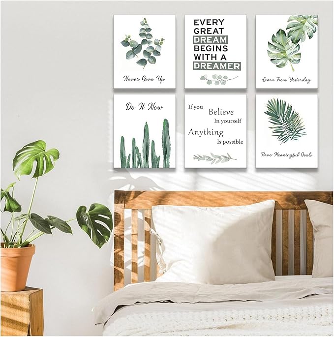 6 pcs Office Inspirational Botanical Canvas Wall Art Eucalyptus Leaves Sage Motivational Quotes Painting Picture Wall Decor Never Give Up Poster Print Artwork For Classroom Bedroom Home Decoration