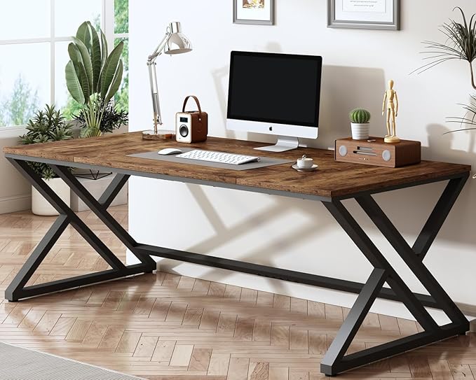 HSH Rustic 70.8" Computer Desk, Extra Large Industrial Home Office Desk, Long Modern Work Executive Pc Desk Study Writing table, Dual monitor Metal Wood Double Workstation for Two Person, Rustic Brown