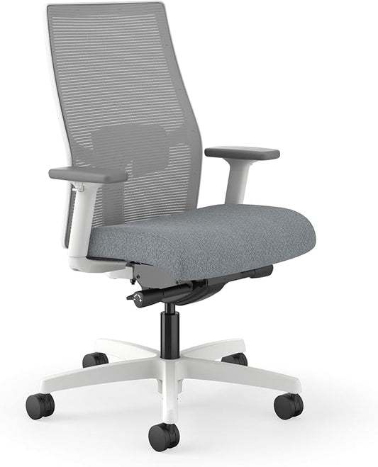 HON Ignition 2.0 Ergonomic Mesh Office Chair, Mid-Back, Synchro-Tilt, Home Office Desk Chairs, Basalt Seat Fabric, Fog Mesh, White Frame, Titanium Grey Adjustable Lumbar