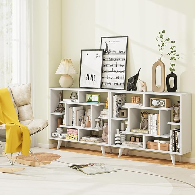 Tangkula Geometric Bookshelf, 3 Tier Modern Freestanding Open Bookcase with Anti-Tipping Devices & Legs, Home Office Decorative Storage Organizer Display Shelf for Living Room Study (White)