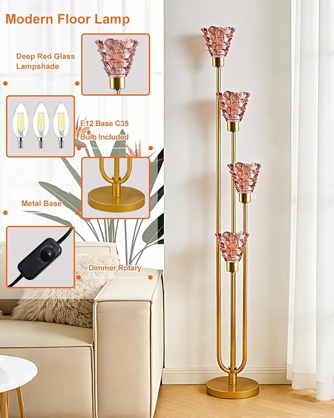 4-Light Modern Glass Floor Lamp, Gold Tall Standing Lamp with Pomegranate Red Flower Glass Shade, Dimmable LED Floor Lamp with Line Control for Living Room Bedroom, Bulb Included