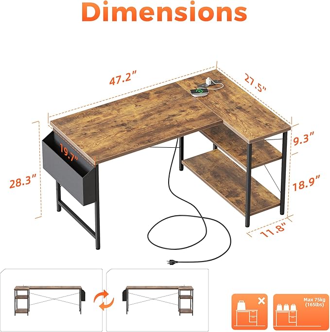 Mericonia Small L Shaped Computer Desk with Power Outlets, Reversible Gaming Desk with Storage Shelves, Corner Gamer Desk Table, Study Writing Table