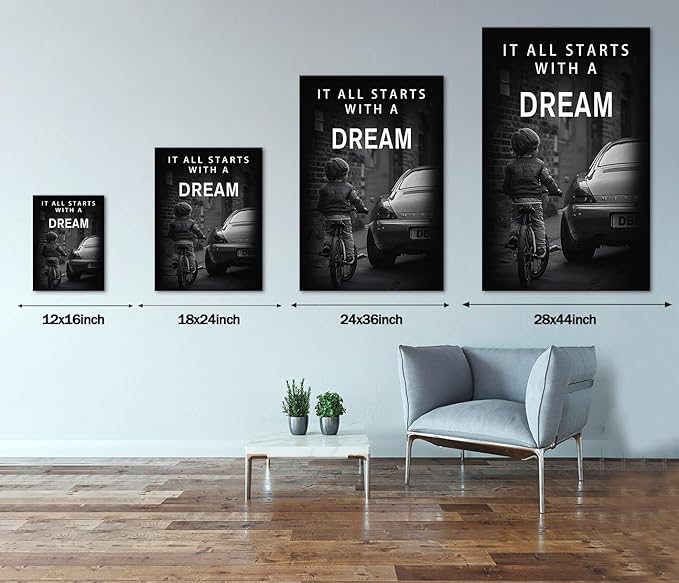 Motivational Office Quote Verb-It All Starts with A Dream Inspirational Office Wall Art Littile Boy and Car Wall Pictures HD Print Modern Home Decor Study Room Library Wall Hangings Framed-24 inch x