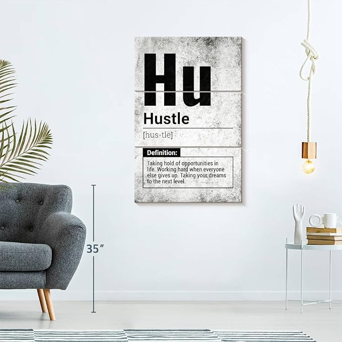 Elephant Stock - Hustle Definition Grunge Wall Art - Vertical Multi Panel Canvas - 3 Piece Living Room Wall Decor - Digital Art Inspirational And Typography Multi Piece Wall Art - Black And Gray Decor - 36" x 57"