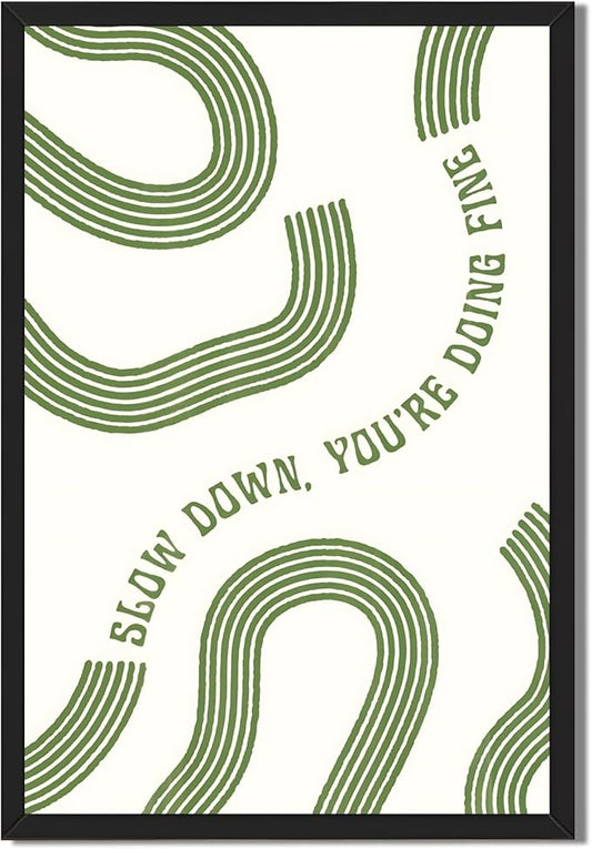 Slow Down You’re Doing Fine Wall Art Retro Minimalist Motivational Quote Music Poster Inspirational Midcentury Song Lyrics Sage Green Canvas Prints for Bedroom Home Decor 24x36inch Black Framed