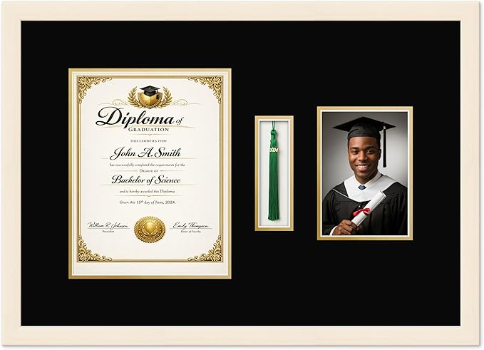 CountryArtHouse Diploma Tassel and Photo Shadowbox Fits 8.5 x 11 Certificate (Portrait) with Tassel Hoo Coastal Whitewash Genuine Hardwood with Black Over Metallic Gold Double mat