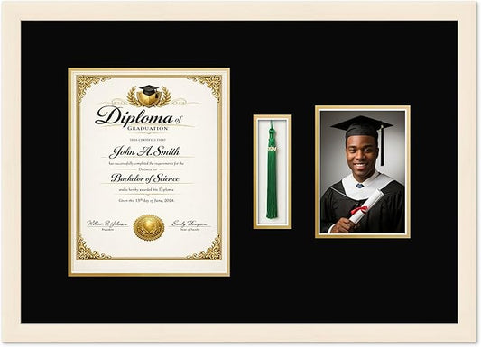CountryArtHouse Diploma Tassel and Photo Shadowbox Fits 8.5 x 11 Certificate (Portrait) with Tassel Hoo Coastal Whitewash Genuine Hardwood with Black Over Metallic Gold Double mat