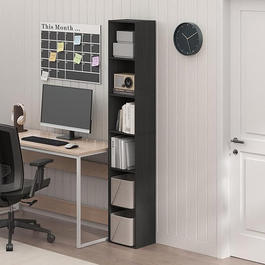 Furinno PASIR Book Shelf, 6-Tier Bookcase, Tall Standing Bookshelf, Open Storage Shelf, 9.4 x 12 x 71 Inches, for Home Office, Living Room, Darkwood