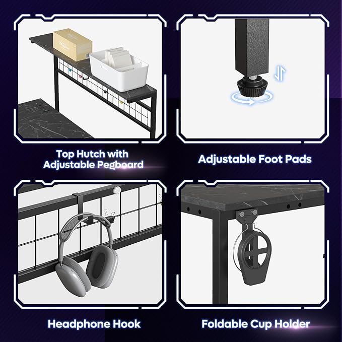 Bestier Gaming Desk 51" L-Shaped, with Power Outlets & LED Lights- 4 Tier Shelves, Reversible Gamer Table with Hooks & Cup Holder for Home Office Black Marble