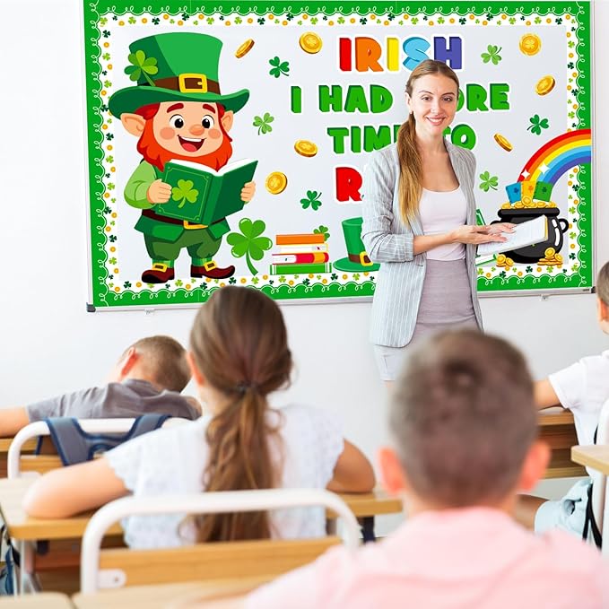 St. Patrick's Day Reading Bulletin Board Decoration Set, March Library Classroom Decorations Leprechaun Lucky Charms Shamrock Rainbow Clover Book Pot of Gold Cutouts School Wall Door Decor for Teacher