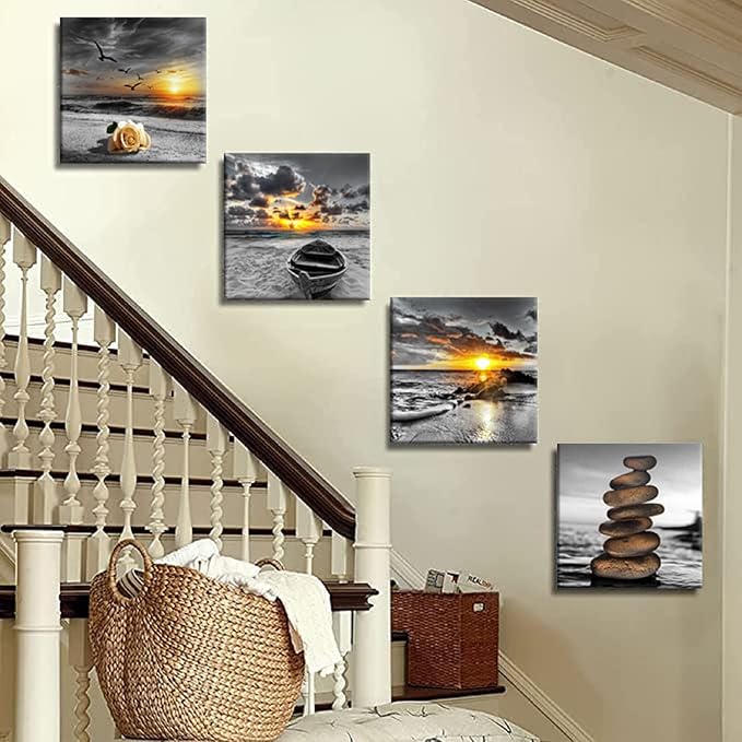 Bamdeya Black and White Gold Wall Decor Sea Sunset Beach Wall Art Seascape Zen Painting Sunrise Picture Ocean Canvas Print for Living Room Bedroom Bathroom Home Wall Decoration Framed Art