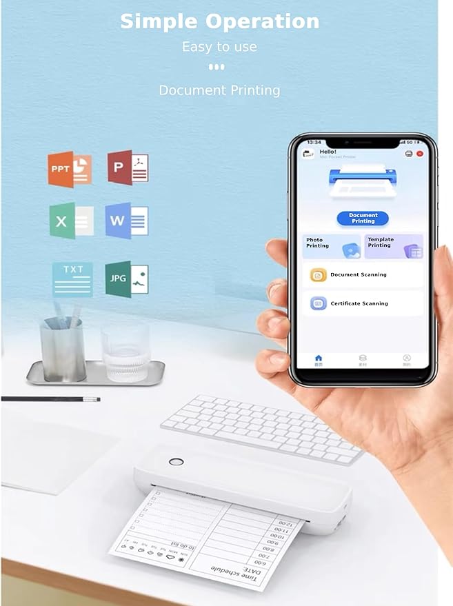 Bewinner A4 Mini Printer - Bluetooth 5.2 200dpi Inkless Portable Thermal Printer, USB Rechargeable Printing Machine with 7 Printing Size for Home Work Travel