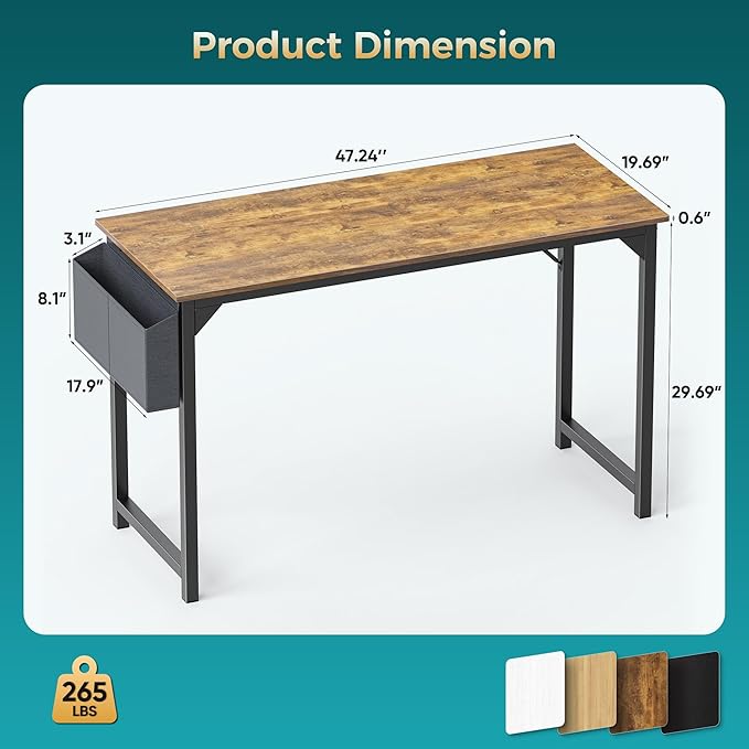 Sweetcrispy Small Computer Office Desk,47 Inch Student Study Writing Desk with Headphone Hooks & Storage Bag, Modern Simple PC Home Bedroom Table, Brown