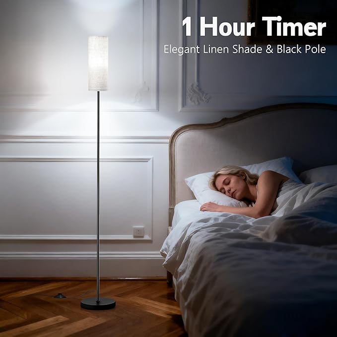 68" Modern Floor Lamp with 3 Color Temperatures, Foot Switch, Linen Shade & Black Metal Pole – Tall Standing Lamp for Living Room, Bedroom, or Office – LED Bulb Included, Easy Assembly (Beige)