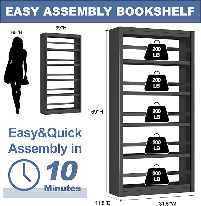 Black Bookshelf，6-Tier Bookcase with Adjustable Storage Shelves，Metal Bookshelf with Book Stopper for Living Room, Home Office, Library