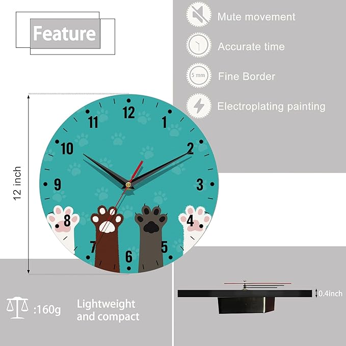 SPUNKER Wall Clocks,Cute Cat Paw Wall Clocks for Living Room Decor,Animal Print Kitchen Clocks Wall Battery Operated - 10 Inch Round Bathroom Wall Clock Silent Non-Ticking