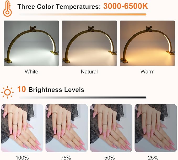 FAHKNS Half Moon Light for Nail Desk with Phone Holder, 29IN Folding Half-Moon Light, LED Lamp for Nail Art, Eyelash Extension, Tattooing, 3 Color Temperature, Golden