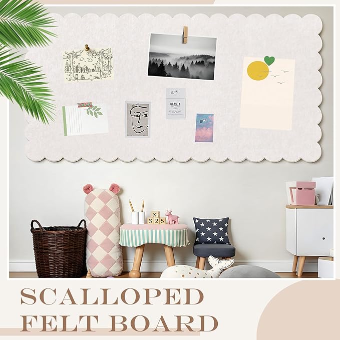 Scalloped Felt Bulletin Board 96 x 48 Inches Foldable Beige Pin Cork Board Alternative for Wall, 8' x 4' Trifold Picture Vision Self Adhesive Bulletin Decorative