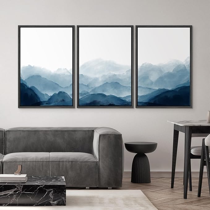 SIGNWIN Framed Canvas Print Wall Art Blue Watercolor Mountains in Fog Nature Wilderness Modern Art Rustic Cool for Living Room, Bedroom, Office - 16"x24"x3 Black