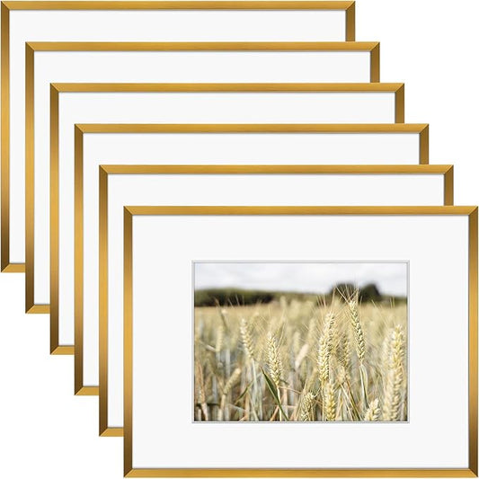 Golden State Art, Gallery Wall Frame Set of 6 - Bronze 9x12 Aluminum Photo Frames with Mat for 6x8 Pictures - 9 x 12 inch Metal Frame with Real Glass Cover - Elegant Home or Office Decor