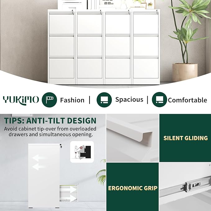 3 Drawer File Cabinet with Lock, Vertical File Cabinet with Lock, Locking File Cabinet Hanging Files for A4/ Legal/Letter,White