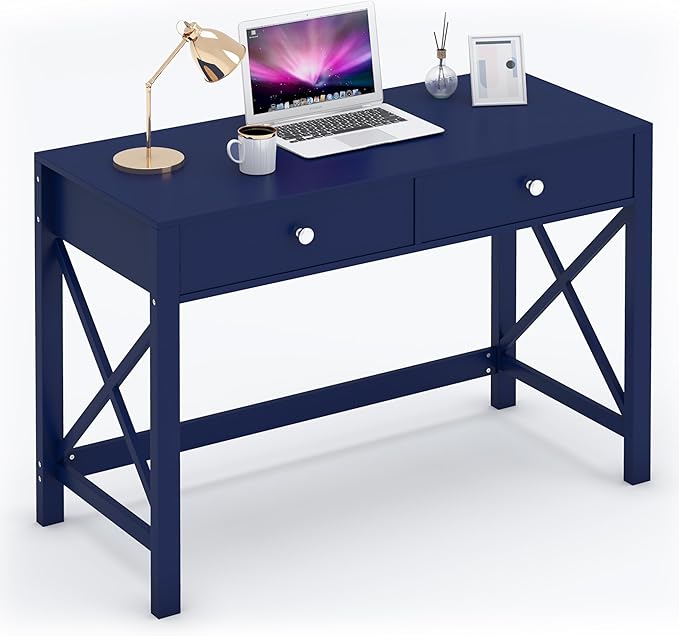 WiberWi Home Office Desk with Drawers, Modern Writing Computer Desk for Bedroom, Small Navy Makeup Vanity Table Study Table