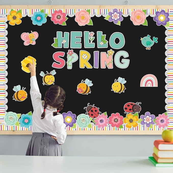 Pasimy Hello Spring Bulletin Board Decorations Spring Classroom Decoration Springtime Flower Bulletin Boards Floral Butterfly Bee Paper Cutouts for School Home Office Door Wall Window Easter Party