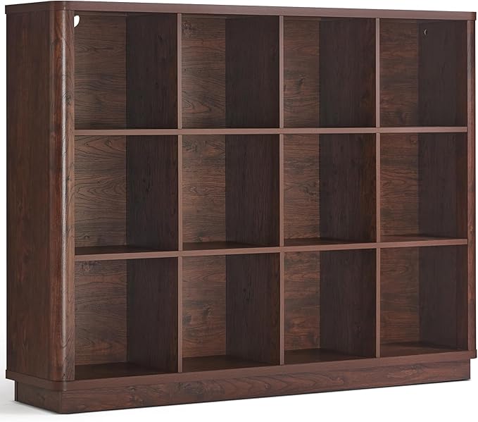 12 Cube Storage Organizer, 41" Large Bookshelf with Curved Edge, Wood Floor Standing 3-Tier Cubby Bookcase w/Base, Vintage Display Storage Cabinet, Book Case for Living Room, Office, Walnut