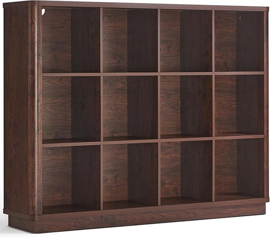 12 Cube Storage Organizer, 41" Large Bookshelf with Curved Edge, Wood Floor Standing 3-Tier Cubby Bookcase w/Base, Vintage Display Storage Cabinet, Book Case for Living Room, Office, Walnut