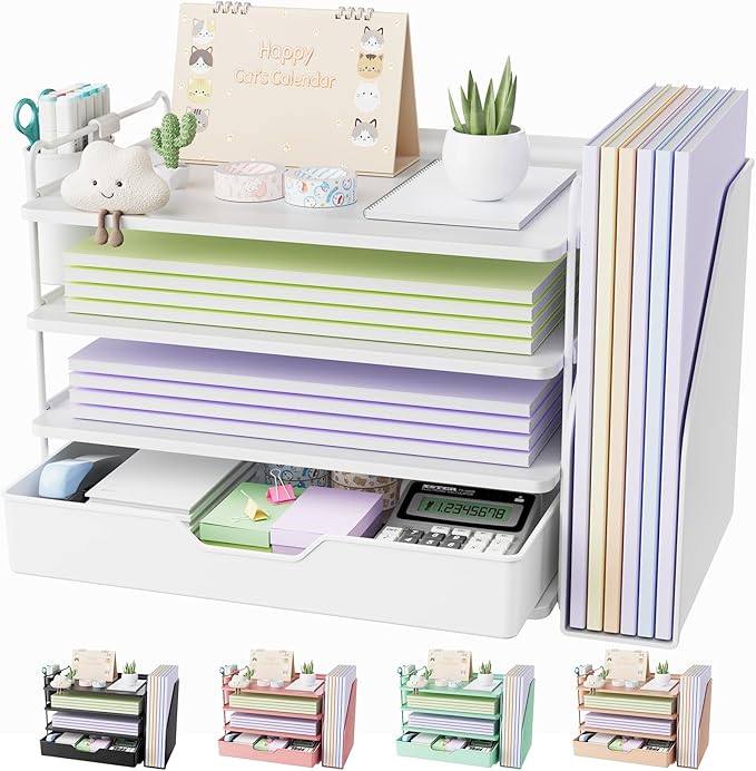 Kitsure Desk Organizer - 4-Tier Office Desk Accessories with Drawer ＆ Pen Holder, Tool-Free Assembly Organizer with Non-Slip Pads, for Office Supplies Storage, Plastic, 13.3" x 8.0" x 10.8", White