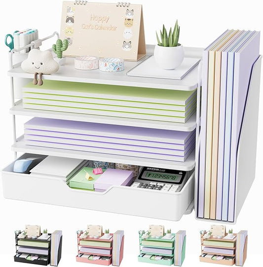 Kitsure Desk Organizer - 4-Tier Office Desk Accessories with Drawer ＆ Pen Holder, Tool-Free Assembly Organizer with Non-Slip Pads, for Office Supplies Storage, Plastic, 13.3" x 8.0" x 10.8", White