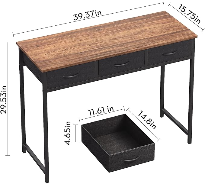 WOHOMO Computer Desk with Drawers, 39.3 Inch Small Vanity Desk with Storage, Home Office Bedroom Desk for Small Spaces, Modern Work Writing Study Gaming Tables, Rustic Brown