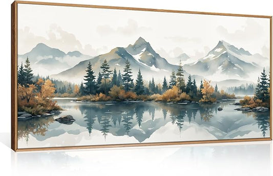 HLNIUC Large White Mountain Horizontal Wall Art Framed, Long Snowy Green Forest Decor(20"x40"), Watercolor Winter Nature Prints, Foggy Lake Landscape Canvas Painting for Living Room, Bedroom, Office