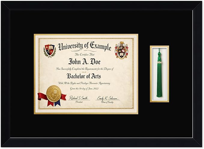CountryArtHouse Diploma and Tassel Frame Fits 11 x 8.5 US Letter Certificate with Tassel Hook Matte Black Genuine Hardwood Shadowbox with Black Over Metallic Gold Double mat