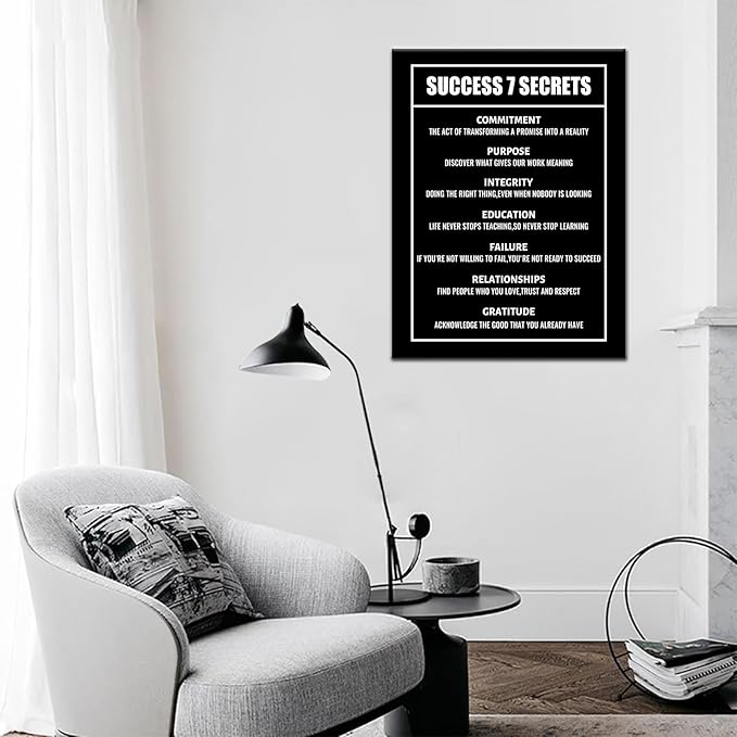 PSYYSP Success 7 Secrets Motivational Wall Art Printed Pictures Canvas Inspirational Entrepreneur Quotes Poster Home Decor Painting Frame for Living Room Gym Office Ready to Hang [18''Wx24''H]