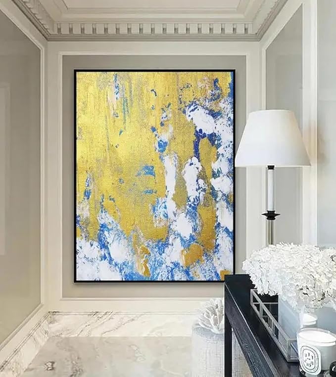 ZHMANLUCK Large Painting Office Wall Decorations Abstract Blue Gold Painting Modern Abstract Painting Art Canvas Wall Decor Pictures 96x160cm(38x63inch) with-Black-Frame