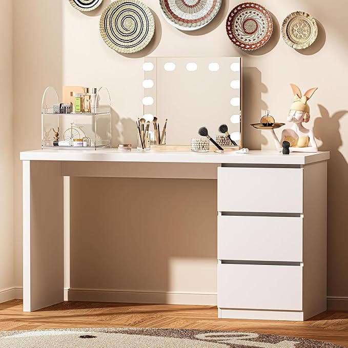 furtble White Desk with Drawers, 53'' W Home Office Computer Desk Gaming Table, Modern Vanity Desk with Storage, Wood Writing Workstation for Bedroom, Living Room, White