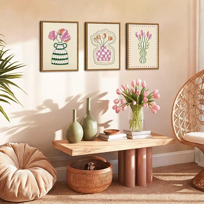 Framed Boho Floral Canvas Wall Art Set of 3, Pink Tulip Flower Paintings Wall Decor, Abstract Botanical Pictures Prints Minimalist Home Decor Aesthetic for Living Room Bedroom Office 12×16 inch