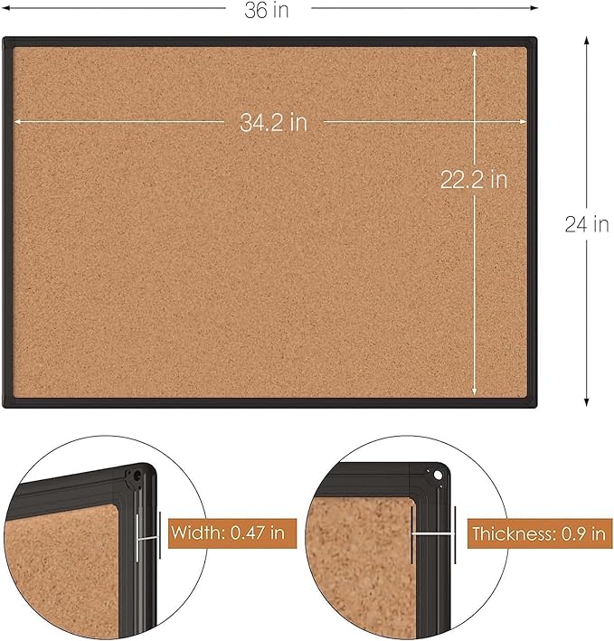 Board2by Cork Board Bulletin Board 24 x 36, Black Aluminium Framed 2 x 3 Corkboard, Office Board for Wall Cork, Large Wall Mounted Notice Pin Board with 16 Push Pins for School, Home & Office