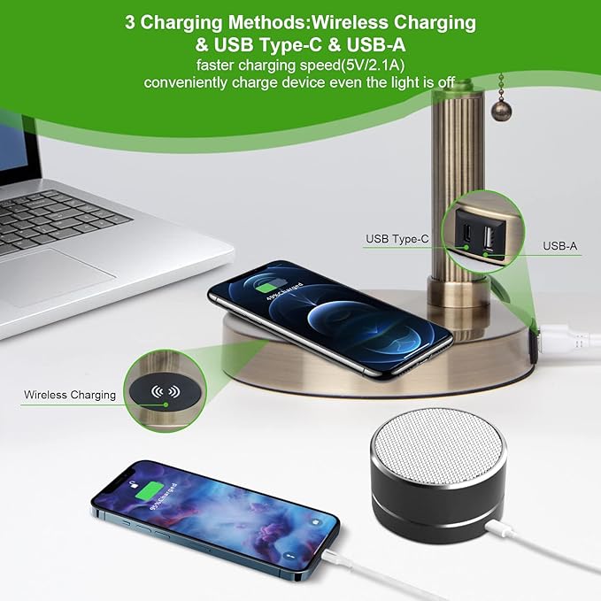 FIRVRE Glass Bankers Desk Lamp USB Wireless Charging Port LED Desk Lamp Classic Retro Pull Chain Switch Table lamp Reading Modern for Home Office nightstand Bedside Study Desk Library (Green)