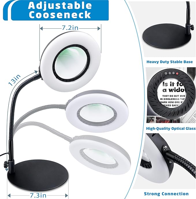 12X Magnifying Glass with Light and Stand, 5 Color Modes, 9 Dimmable Levels, Hands Free Flexible Gooseneck Magnifying Lamp, 2-in-1 LED Desk Lamp for Crafts Hobby Jewelry Sewing Reading Close Work