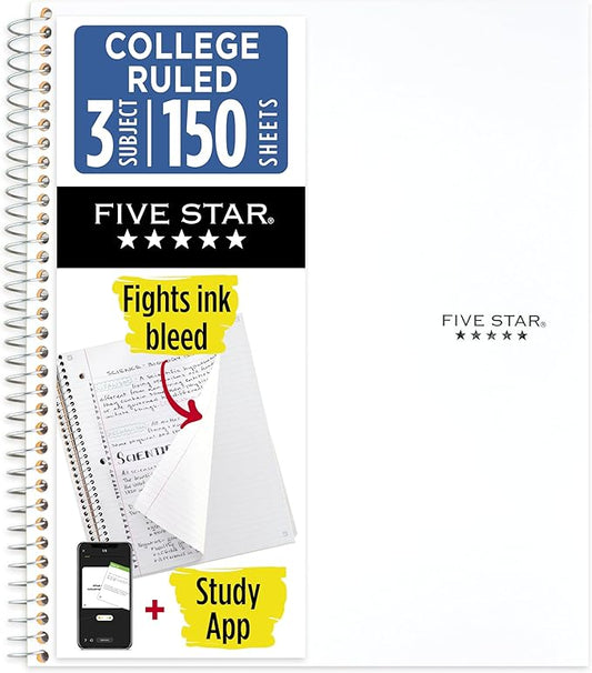 Five Star Spiral Notebook + Study App, 3 Subject, College Ruled Paper, 8-1/2" x 11", 150 Sheets, Fights Ink Bleed, Water Resistant Cover, White (72464)