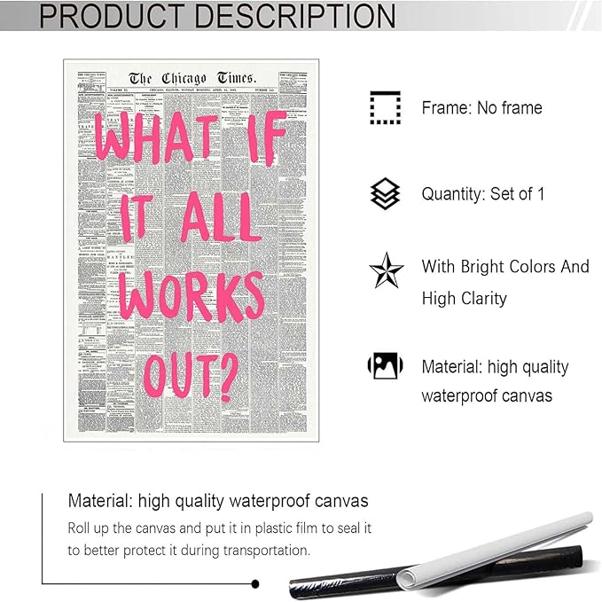Drimiler What If It All Works Out Poster Retro Newspaper Pink Font Canvas Wall Art Positive Affirming Quote Minimalist Prints Painting For Home Bedroom Dorm Wall Decor 24x36in Unframed