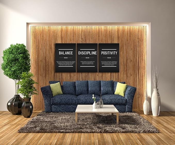 Inspirational Canvas Wall Art 3 Pieces Balance Positivity Poster Motivational Picture Discipline Noun Canvas Print Artwork Framed for Home Living Room Gym Office Wall Decor Ready to Hang[60''Wx 28''H]