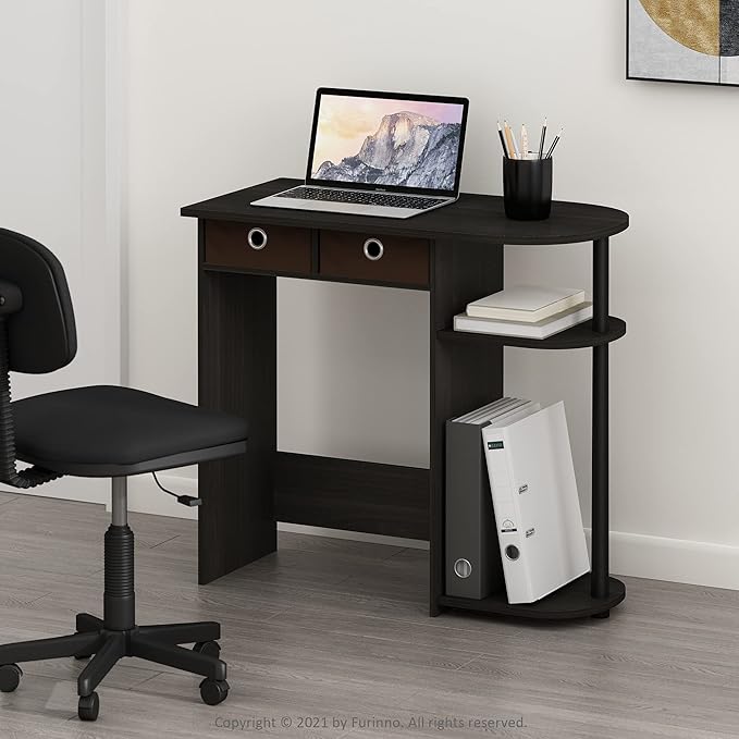 Furinno GO GREEN Desk, 31.5" Wide Gaming Desk with 2 Side Shelves and Storage Bins, Computer Desk, Office Desk for Home Office, Study Room, Dorm, Bedroom, Espresso
