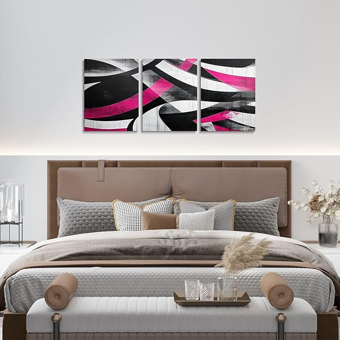 jejeloiu Kids Abstract Art 3 Piece Canvas Wall Art for Living Room Bedroom 12"x16"x3pcs Geometric Office Decorations Artwork Posters Hot Pink Modern Art Picture Wall Decor for Home Decor Bathroom