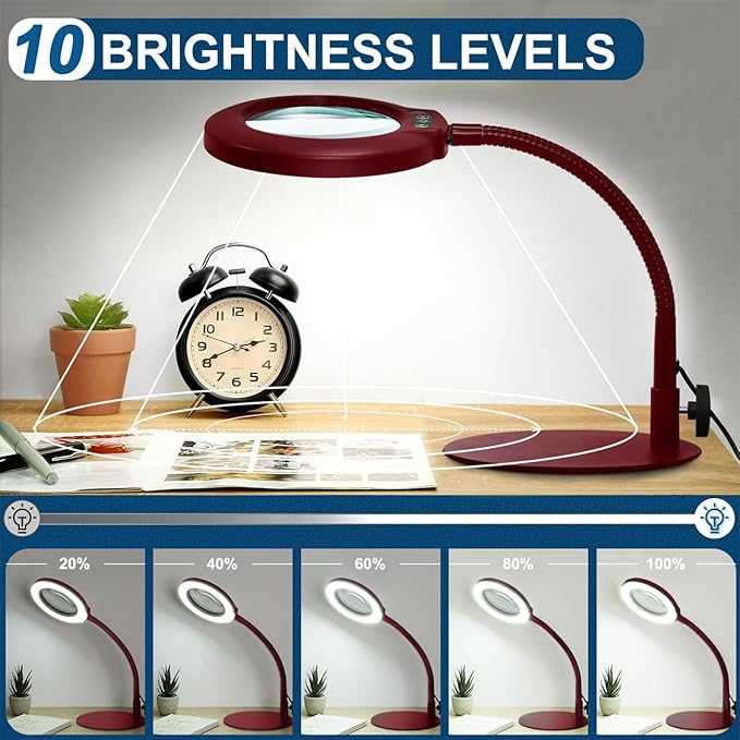 10X Magnifying Glass with Light, Real Glass Lens, 5 Color Modes Dimmable, Flexible Gooseneck Lighted Magnifier with Stand, LED Desk Lamp Hands Free for Crafts Painting Reading Close Work, Red